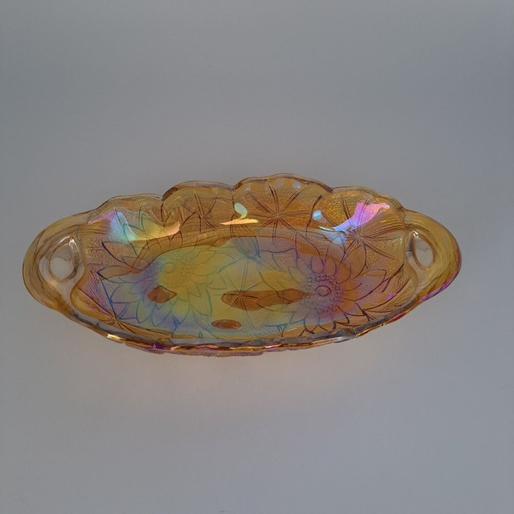 Indiana Marigold Carnival Glass Sunflower Celery Candy Dish Two Handles Vintage